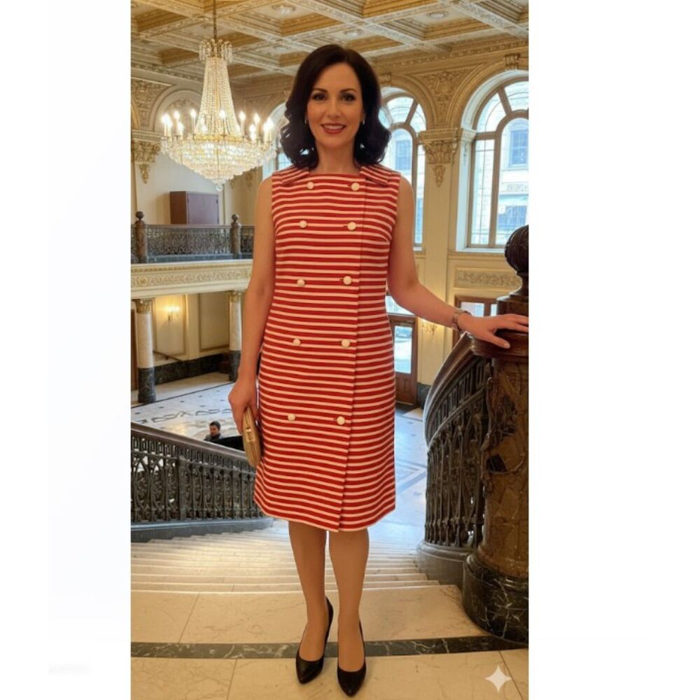 Lillie Rubin Sample Dress Vintage Red White Nautical Striped Button Front Size L